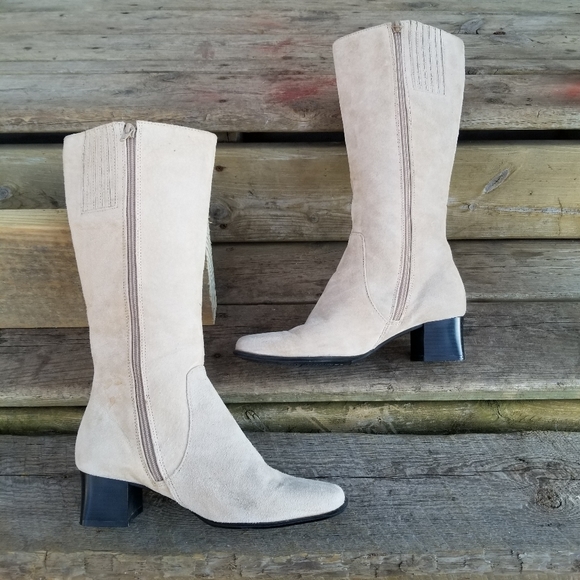 Vintage 90s y2k Chunky Heel Square Toe Bone Cream Suede Leather Tall Boots 7.5 - Picture 5 of 11